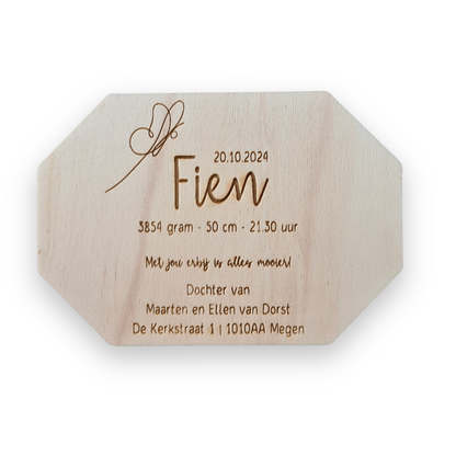 Houten Geboortekaartjes - Stijl Fien - vanaf €4,05 p.s. (gratis proefdruk)